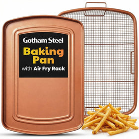 Gotham Steel baking sheet with air fry rack for even convection crisp in the oven.