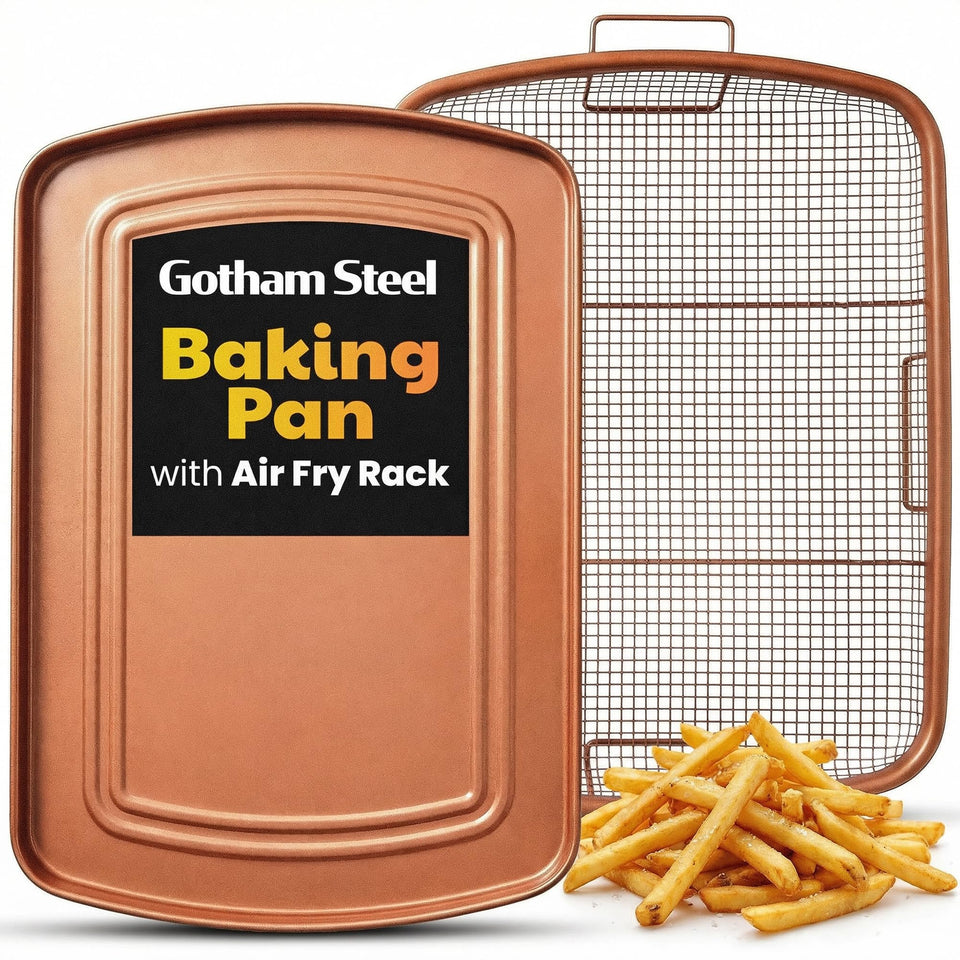 Gotham Steel baking sheet with air fry rack for even convection crisp in the oven.