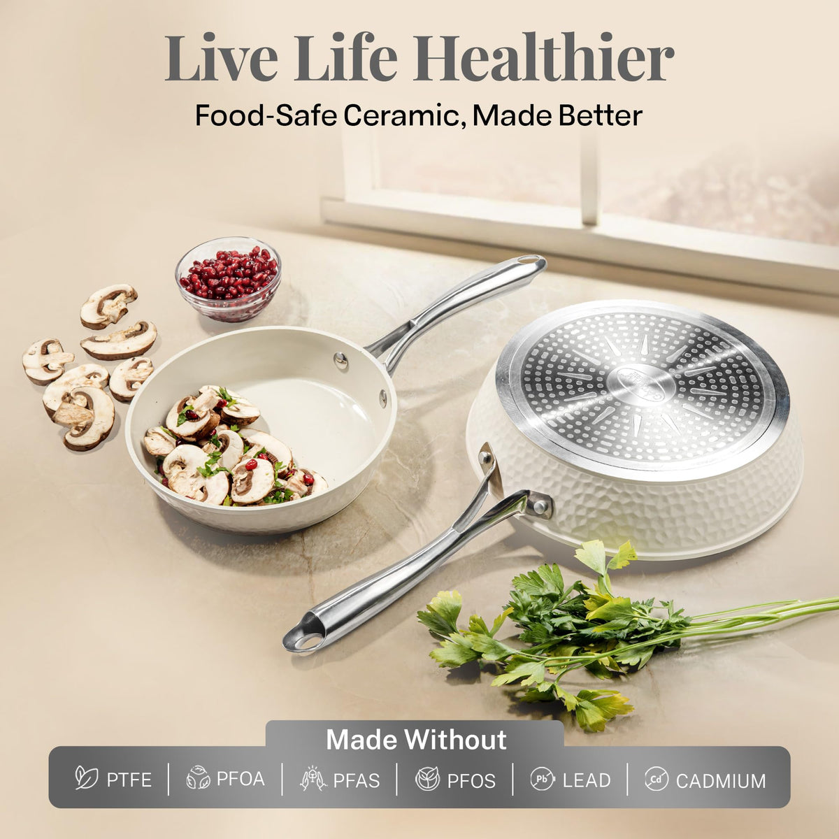 Gotham Steel ceramic nonstick coating close-up highlighting durable surface and low oil use.