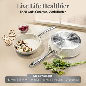 Gotham Steel ceramic nonstick coating close-up highlighting durable surface and low oil use.