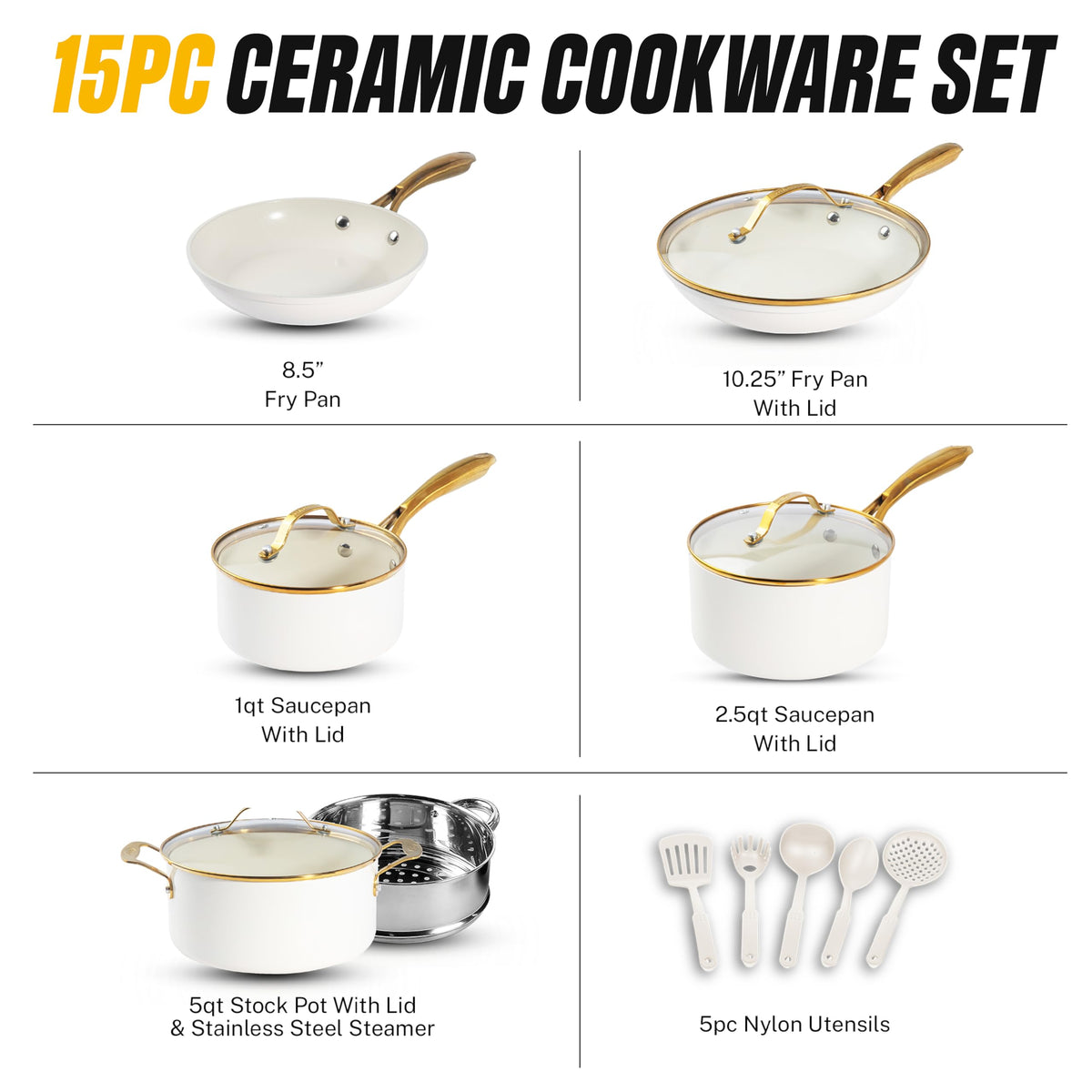 Gotham Steel ceramic pots and pans with lids for even heat distribution.