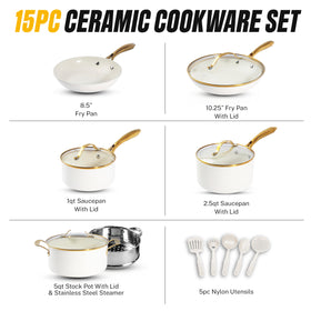 Gotham Steel ceramic pots and pans with lids for even heat distribution.