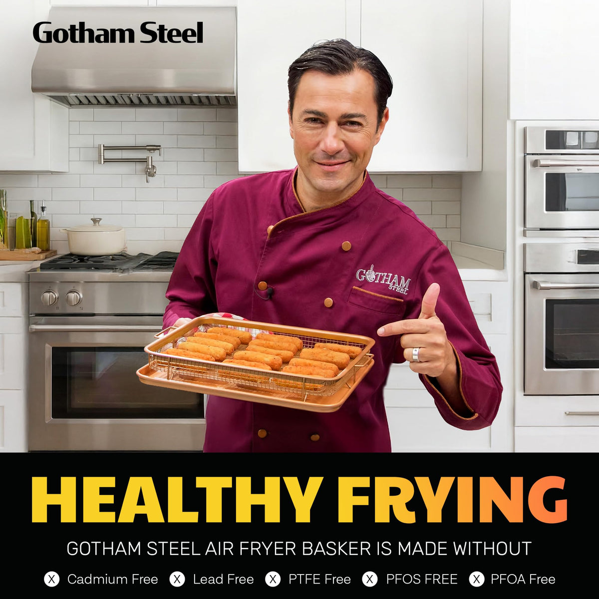 Gotham Steel dishwasher-safe tray simplifies cleanup after cooking sessions.
