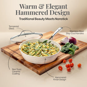 Gotham Steel ergonomic cool-touch handle image demonstrates comfortable lifting during cooking.