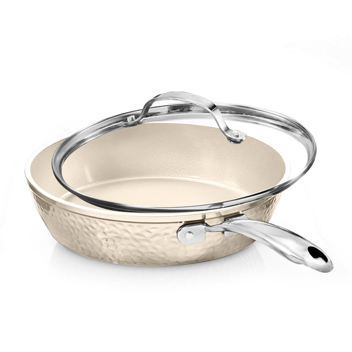 Gotham Steel hammered 10-inch nonstick frying pan with lid shows a smooth, easy-release surface for weeknight meals.