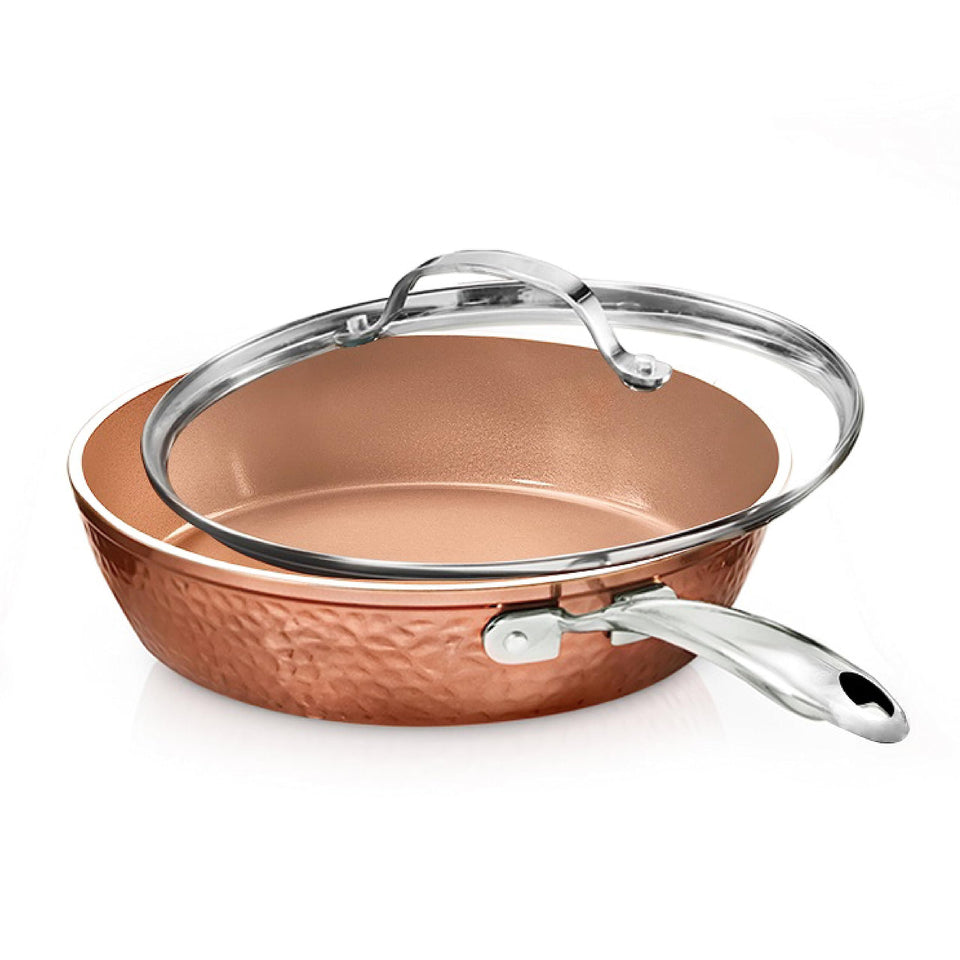 Gotham Steel hammered 10-inch pan with lid shows durable nonstick performance for quick meals.