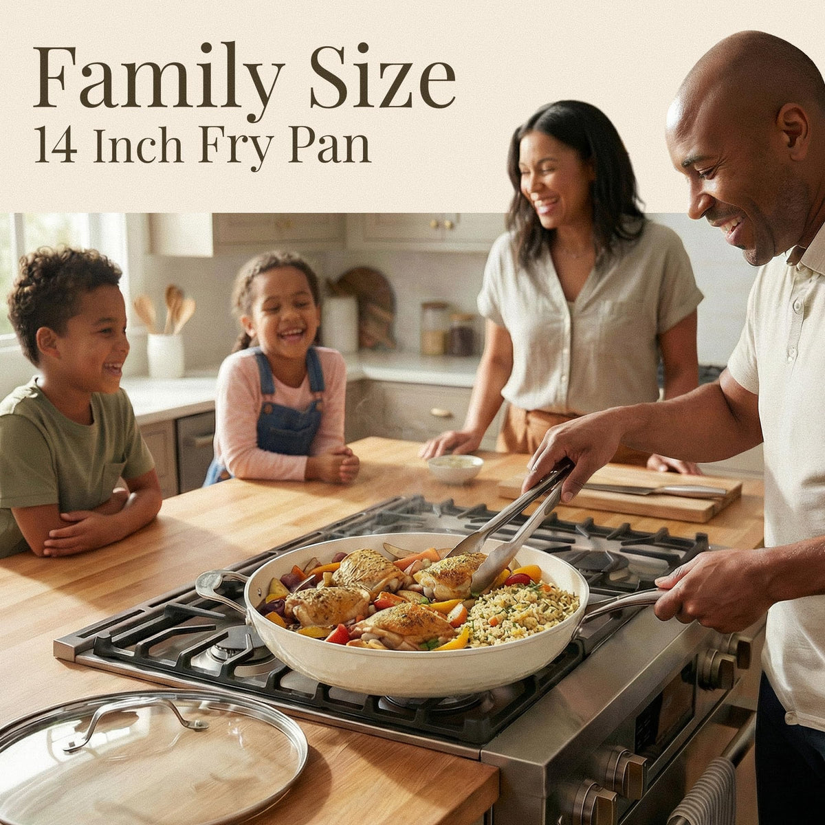 Gotham Steel Hammered 14-Inch Pan with lid demonstrates secure fit and heat distribution