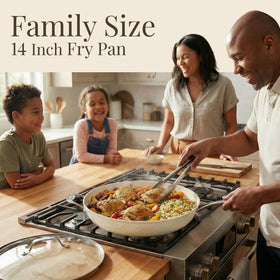 Gotham Steel Hammered 14-Inch Pan with lid demonstrates secure fit and heat distribution