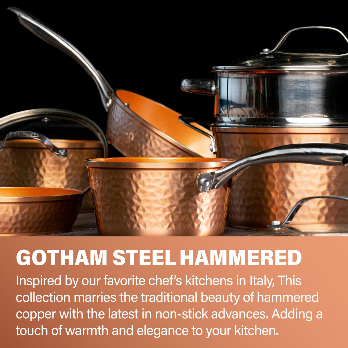 Gotham Steel Hammered 15pc set lid view with tempered glass lids for easy monitoring