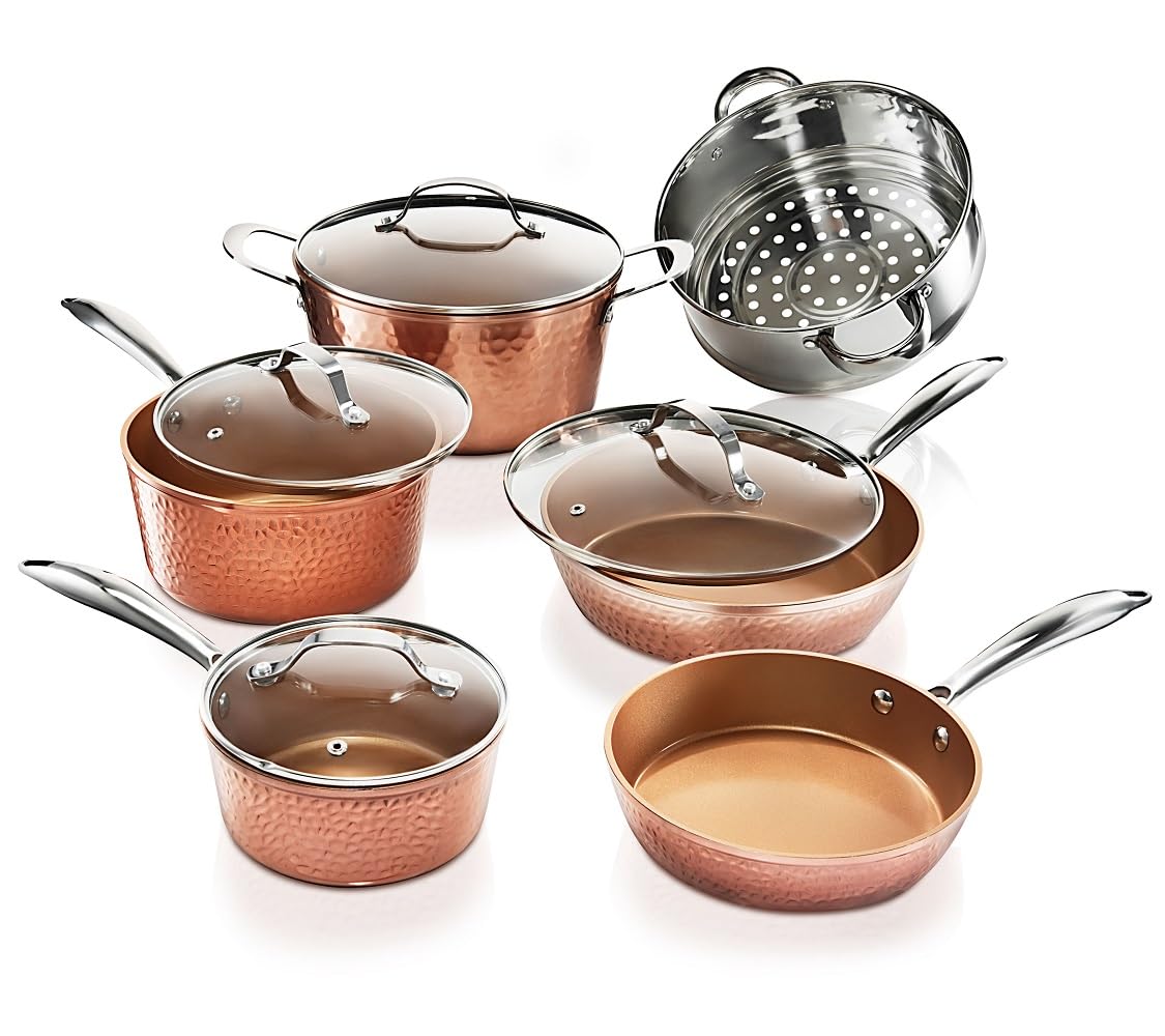 Gotham Steel Hammered 15pc set main view shows durable nonstick coating for easy cooking