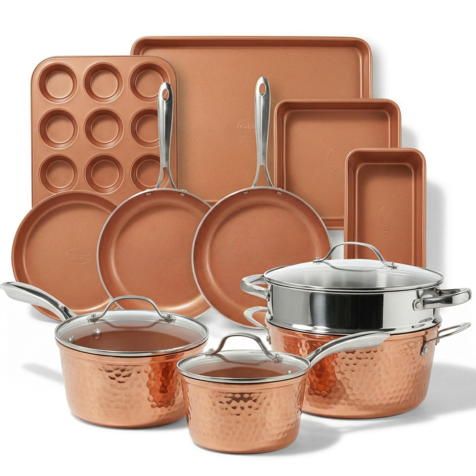 Gotham Steel Hammered 15pc set top view for stylish, versatile home cooking.