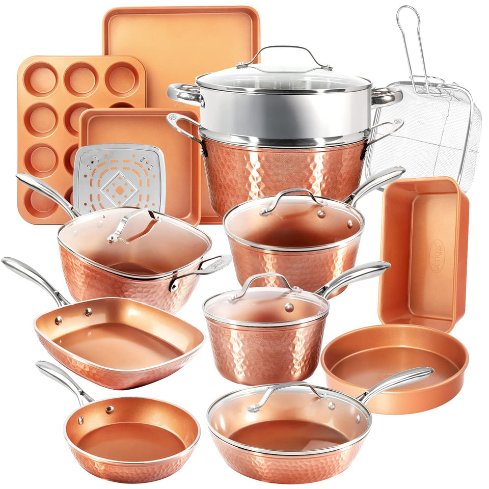 Gotham Steel Hammered 20-piece set packshot highlighting easy release and cleanup