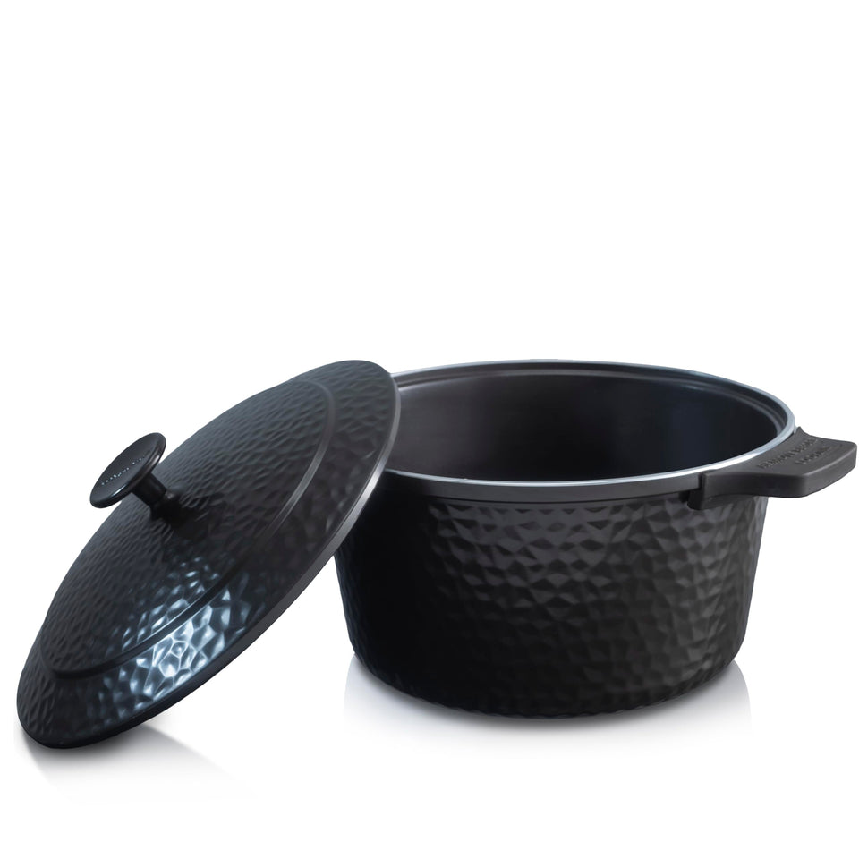 Gotham Steel Hammered 5qt Dutch Oven with lid, lightweight and versatile for family meals.