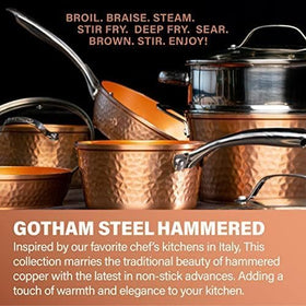 Gotham Steel Hammered 5qt stock pot with lid for family meals.