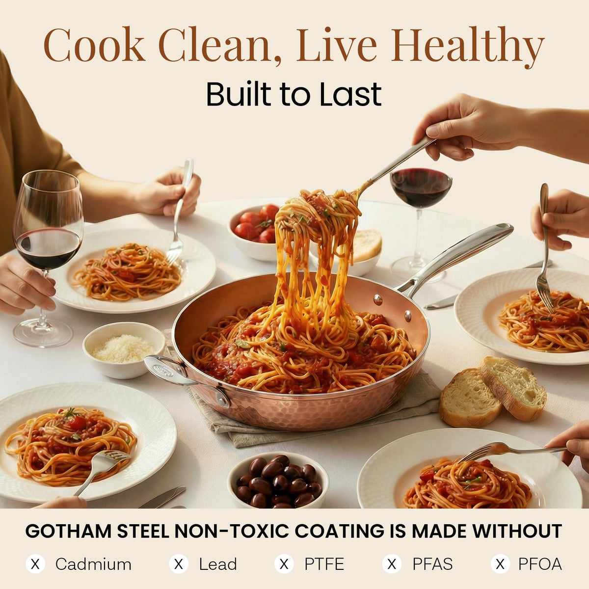 Gotham Steel hammered copper 14-inch pan is dishwasher safe for easy cleanup.
