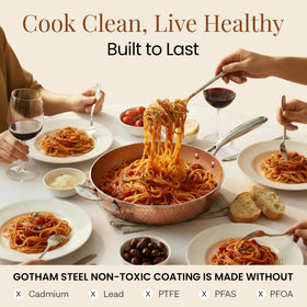 Gotham Steel hammered copper 14-inch pan is dishwasher safe for easy cleanup.