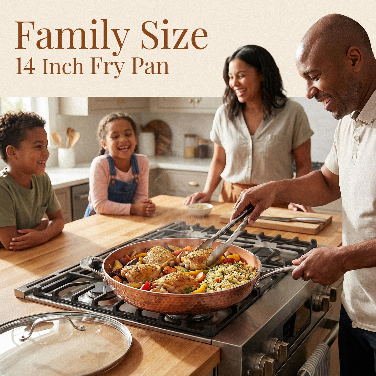 Gotham Steel hammered copper 14-inch pan heats evenly on induction cooktops.