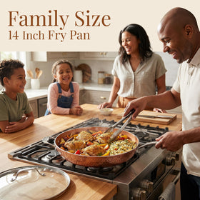 Gotham Steel hammered copper 14-inch pan heats evenly on induction cooktops.