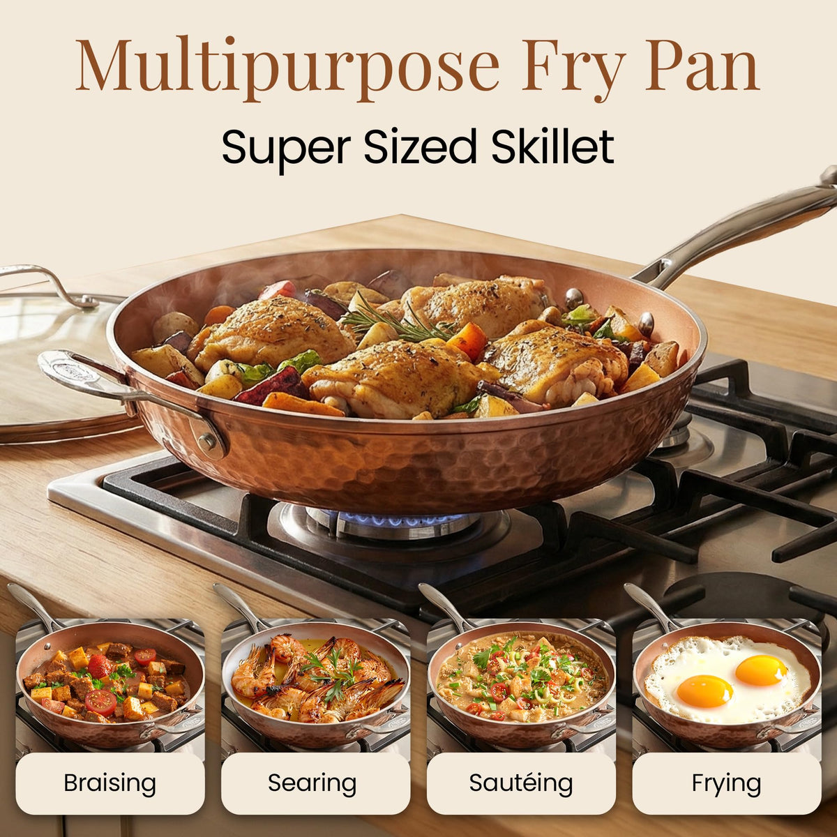 Gotham Steel hammered copper 14-inch pan - nonstick surface ensures easy cooking and cleanup.