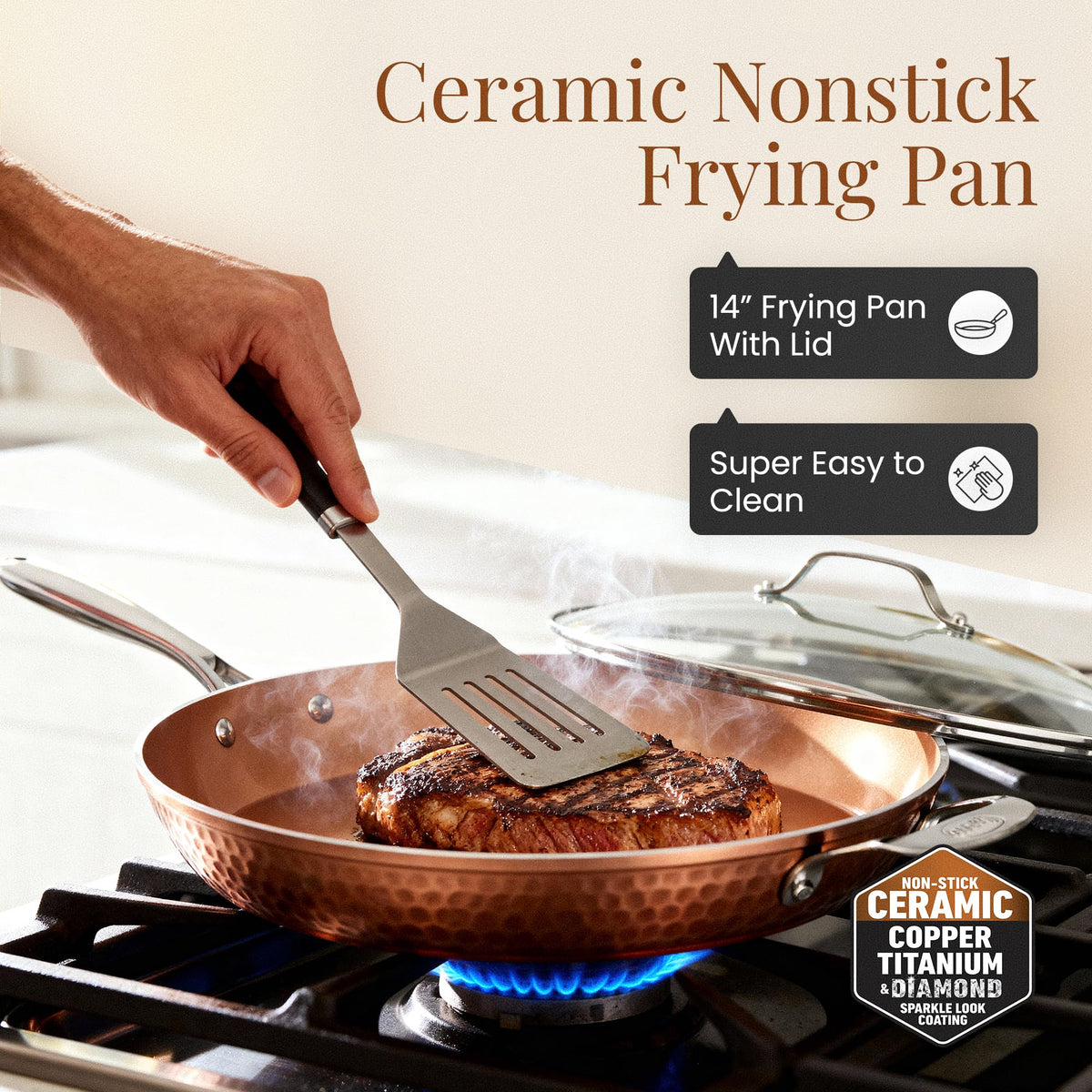 Gotham Steel hammered copper 14-inch pan features durable ceramic coating for reliable release.