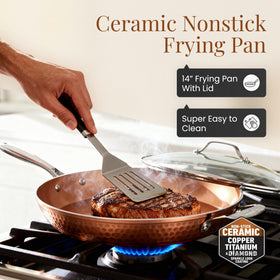 Gotham Steel hammered copper 14-inch pan features durable ceramic coating for reliable release.