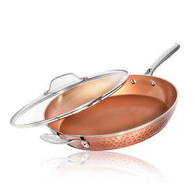 Gotham Steel hammered copper 14-inch pan with lid offers even heat for family meals.