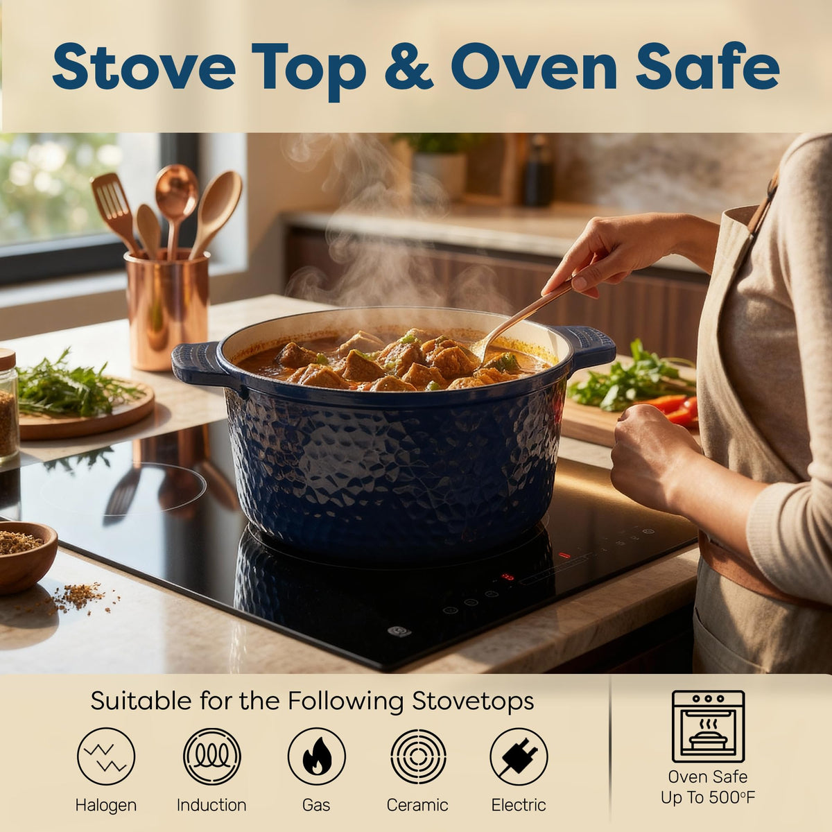 Gotham Steel dutch oven in dishwasher-safe setting conveys easy cleanup.