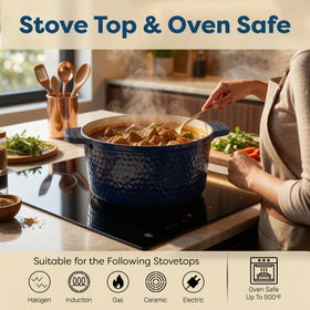 Gotham Steel dutch oven in dishwasher-safe setting conveys easy cleanup.