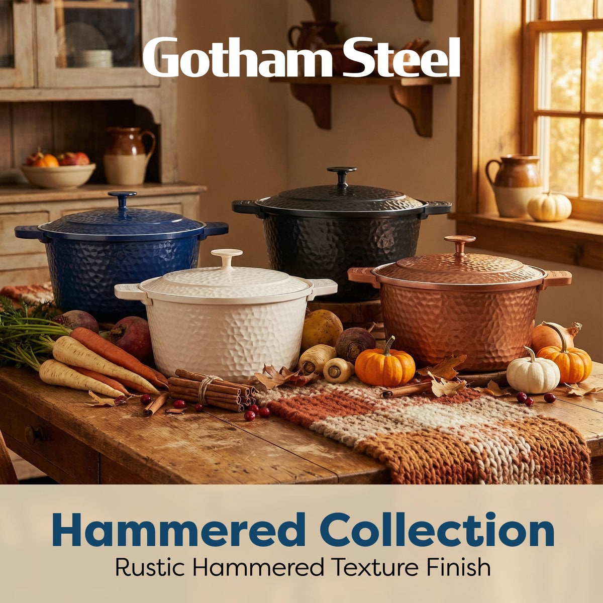 Gotham Steel engraved lid with steam release region captures self-basting action.