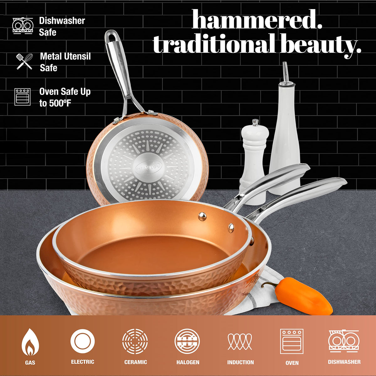 Gotham Steel Hammered 12-inch pan top view with roomy cooking surface