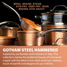Gotham Steel hammered coating close-up highlights Ti-Cerama easy-release with little oil.