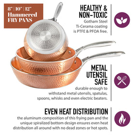 Gotham Steel Hammered pan label confirms dishwasher safe and induction compatibility