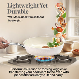 Gotham Steel pan in oven-to-table setup for finish-and-serve workflow.