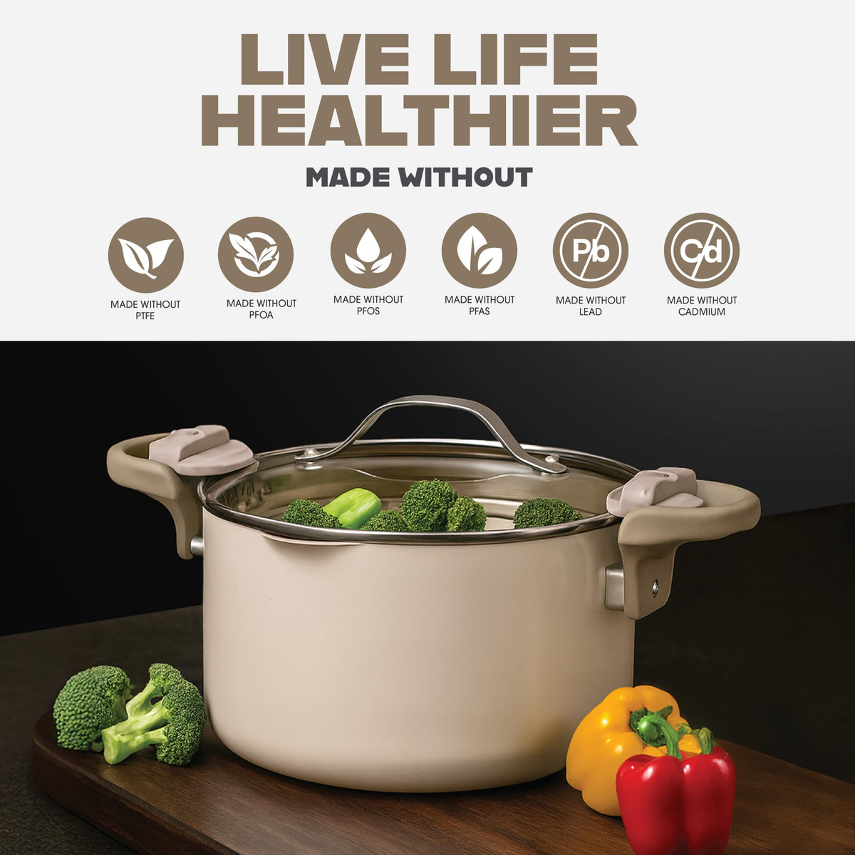 GOTHAM STEEL pasta pot in use with strained pasta ready to serve