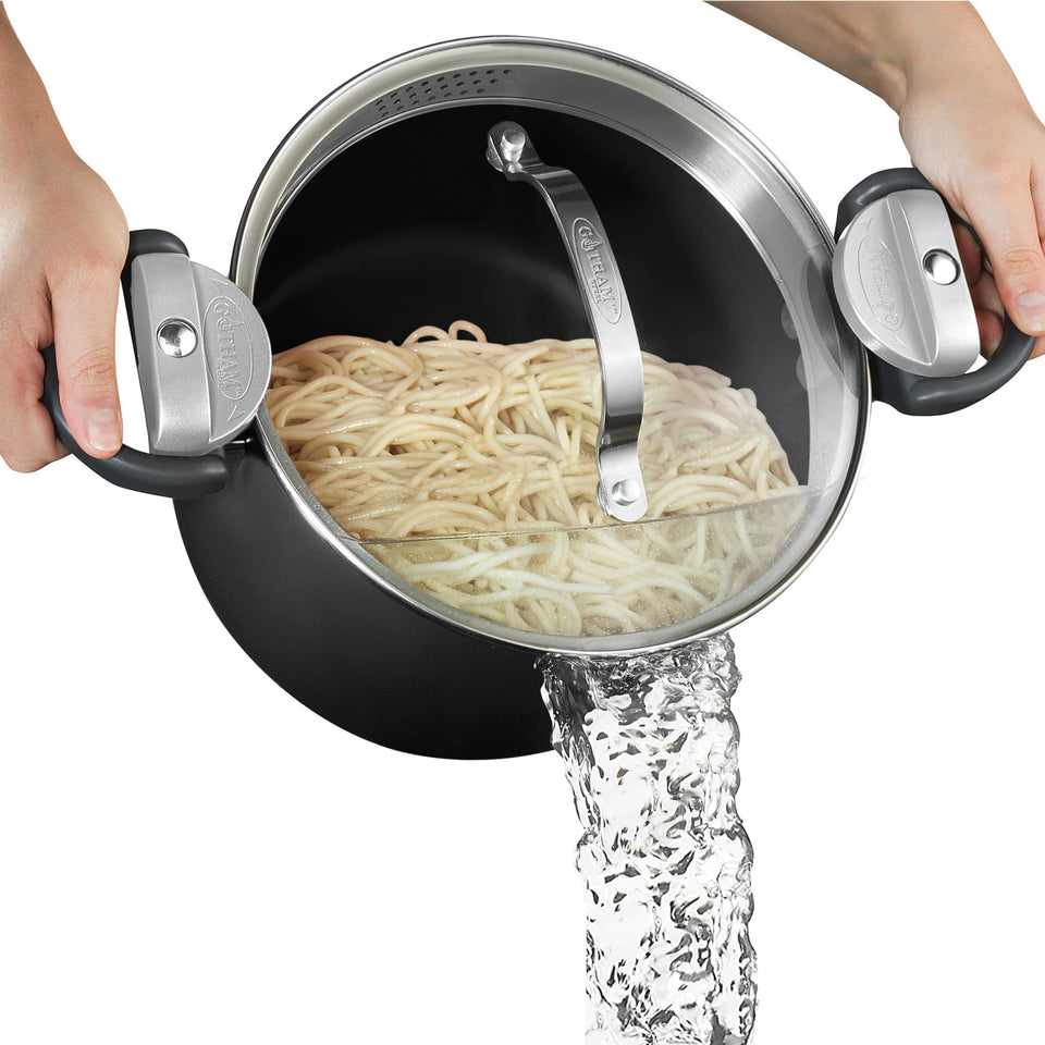 GOTHAM STEEL Pasta Pot with Strainer Lid demonstrates easy draining and quick meal prep