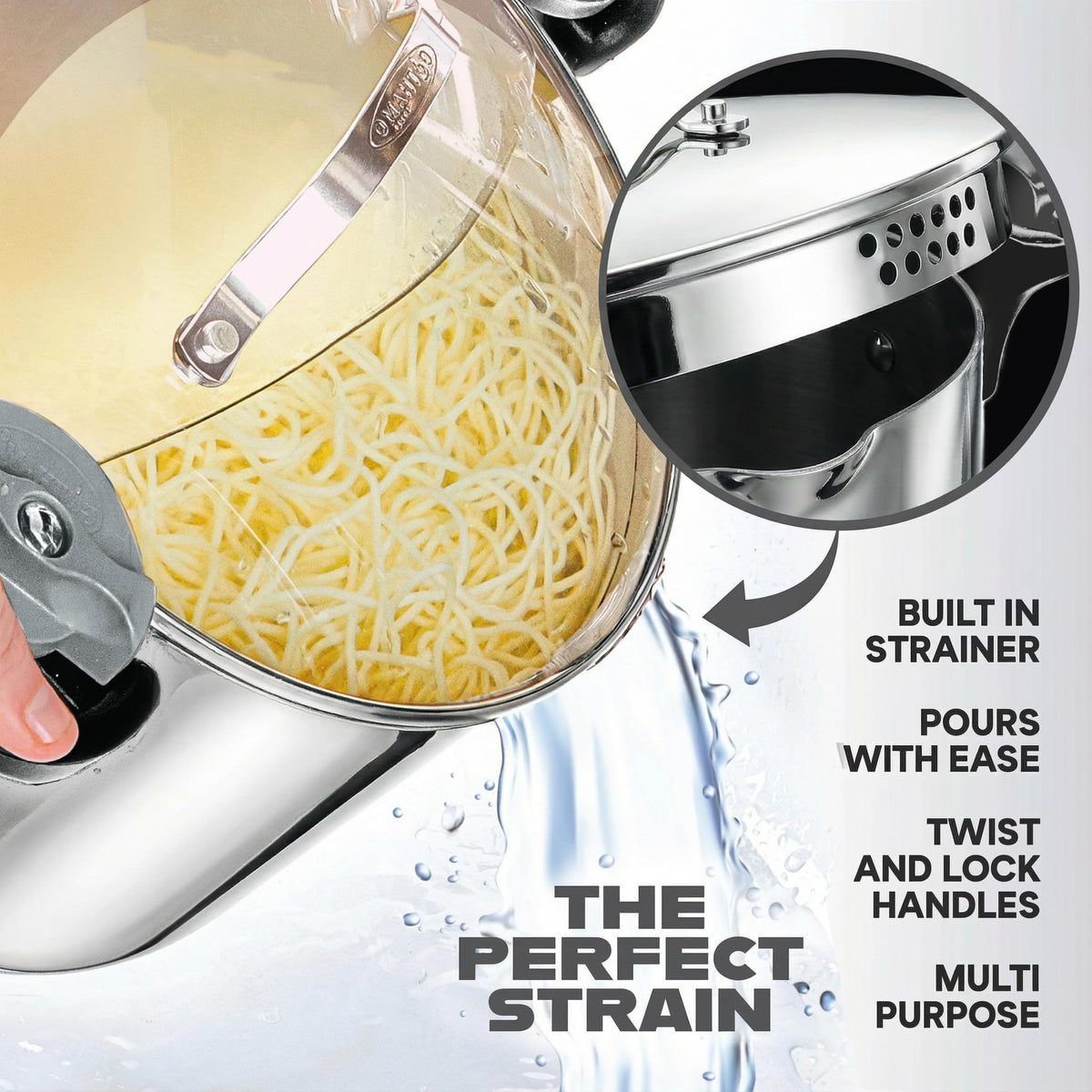 Gotham Steel pasta pot with twist-lock handles for safe, mess-free pouring