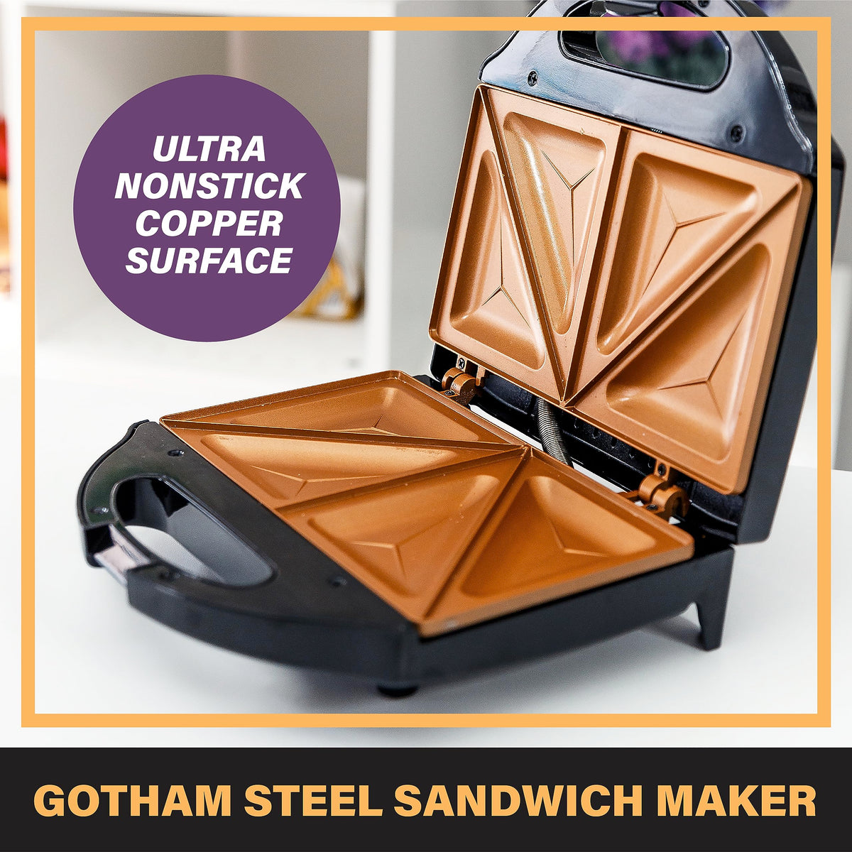 Gotham Steel easy-cut-edges design helps tidy halves after toasting.