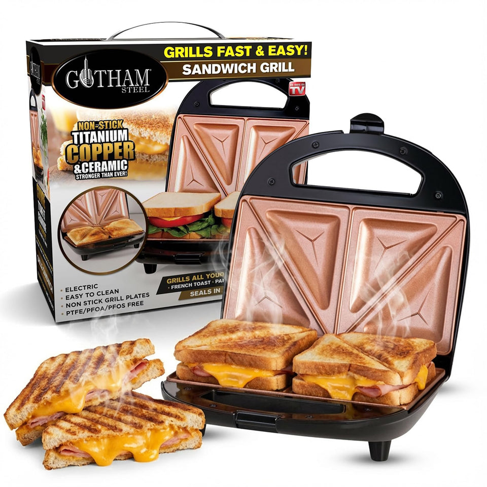 Gotham Steel sandwich-maker with indicator light for quick doneness cues.