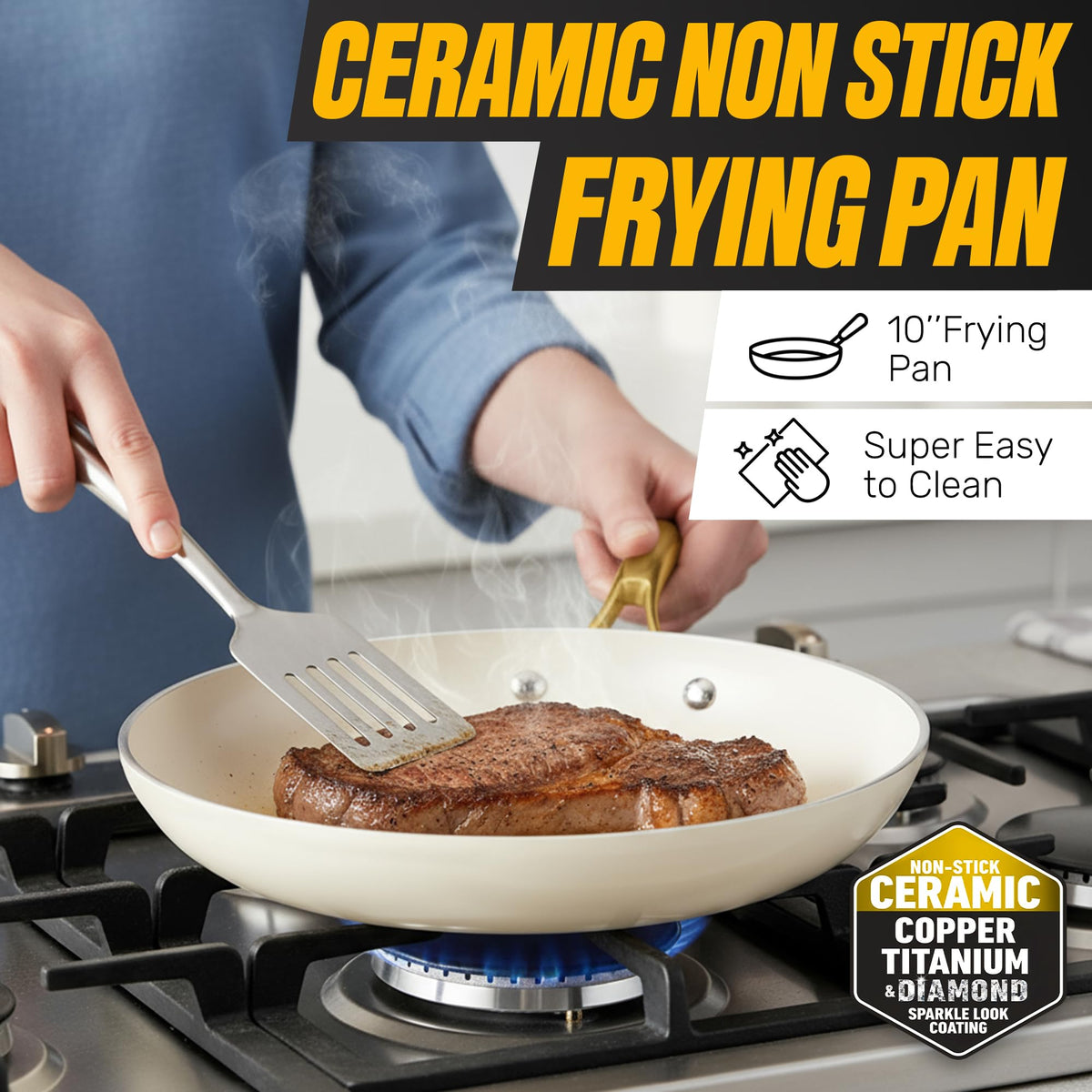Gotham Steel stay-cool handles in gold finish for safe oven transition.