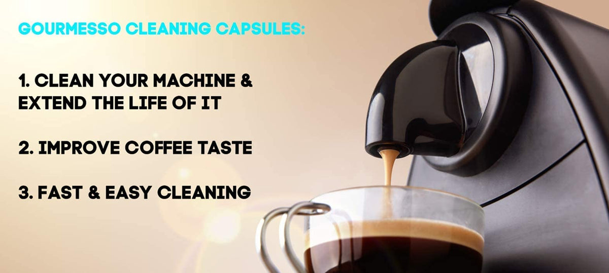 Gourmesso cleaning pods in a Nespresso machine ready for cleaning cycle.