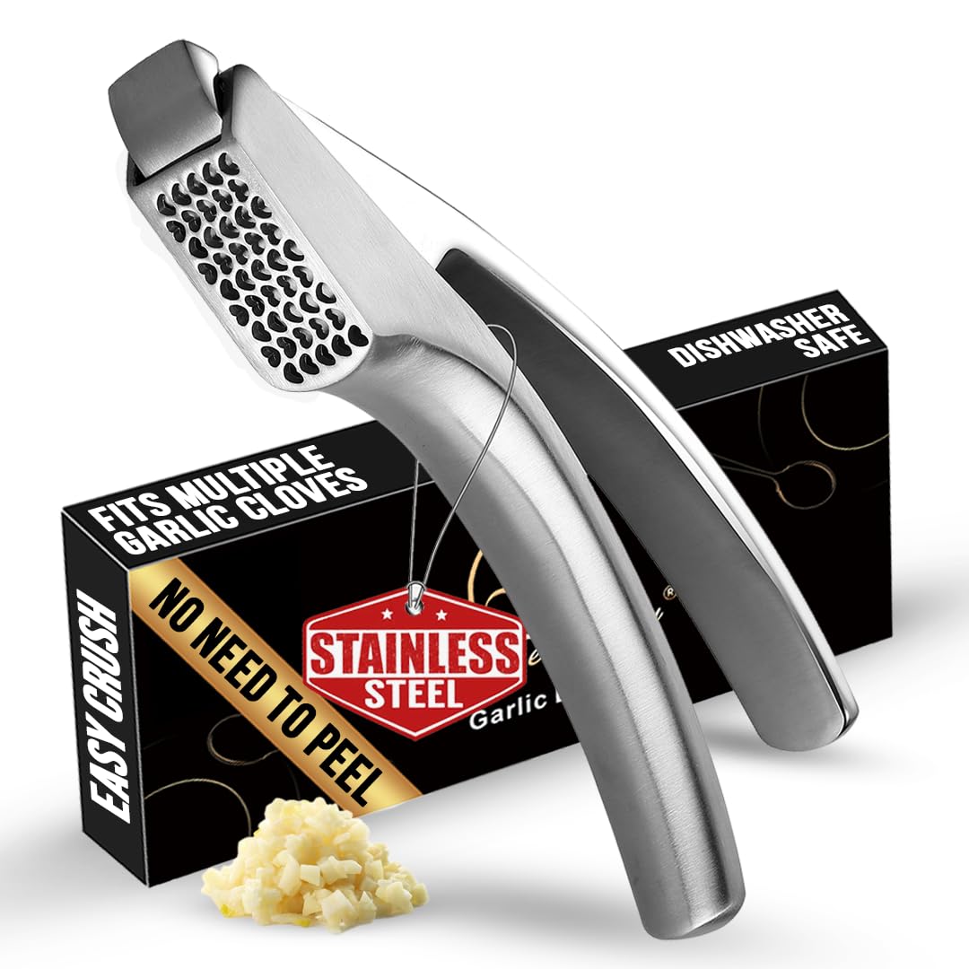Gourmet Easy garlic press with detachable handle for mess-free unpeeled cloves.