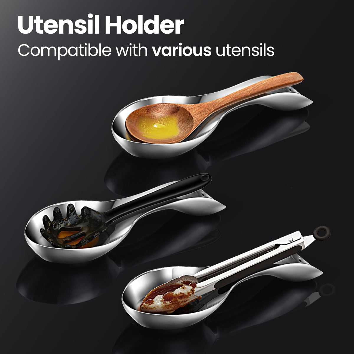 Gourmet Easy heavy-duty spoon holder supports frequent utensil use without tipping.