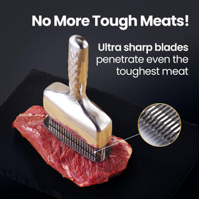Close-up of Gourmet Easy blades piercing meat fibers for even tenderizing.