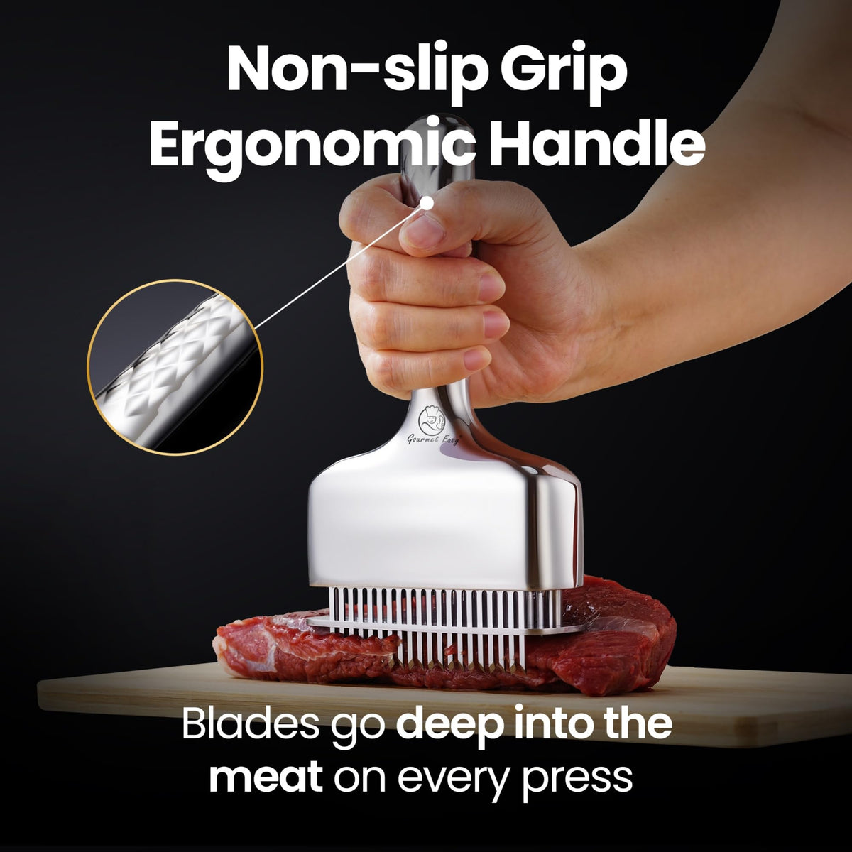 Gourmet Easy long-handle design offers a comfortable, non-slip grip.