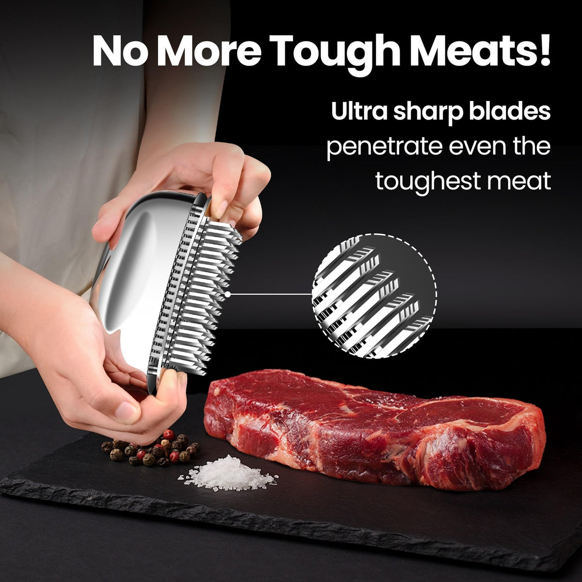 Gourmet Easy Meat Tenderizer Tool ergonomic handle offers even pressure for consistent results