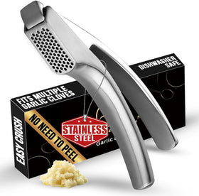 Gourmet Easy no-peel garlic press in stainless steel for mess-free prep.