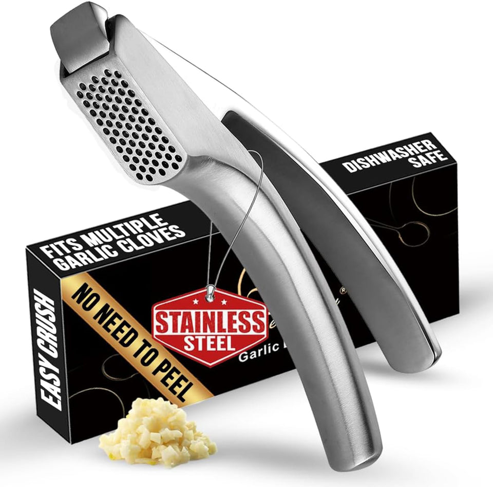 Gourmet Easy no-peel garlic press in stainless steel for mess-free prep.