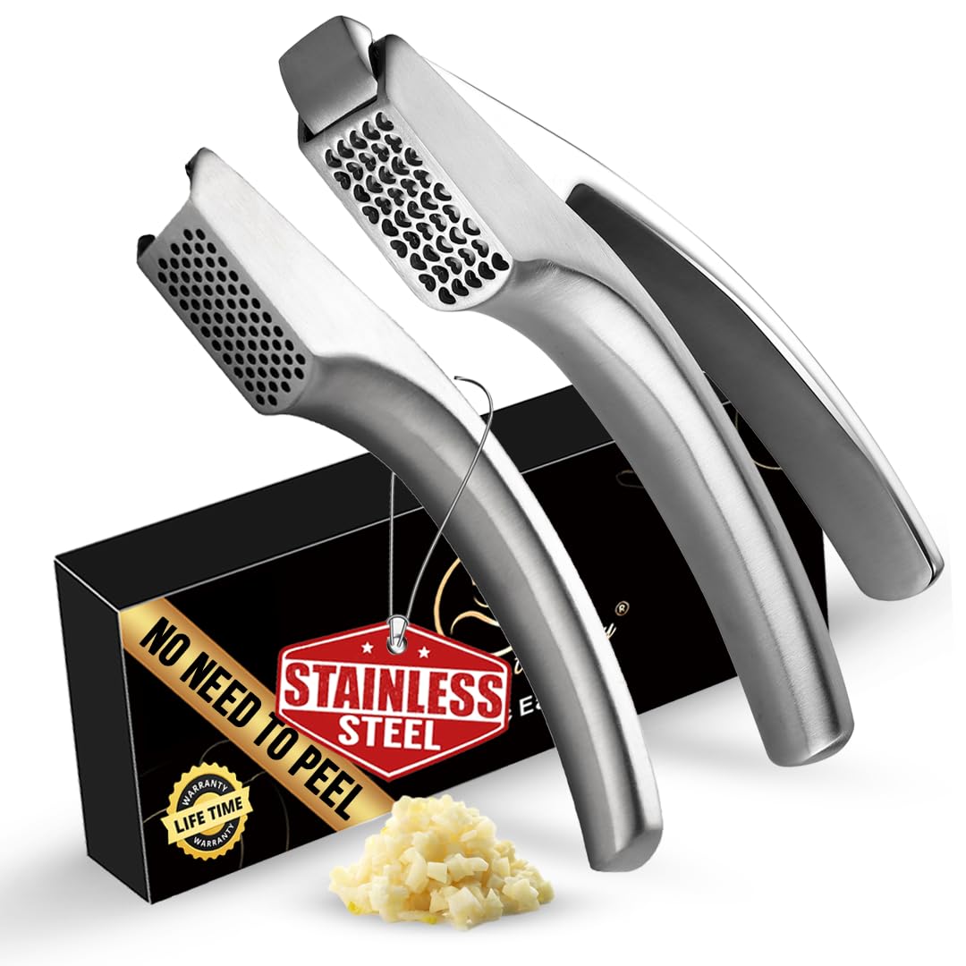 Gourmet Easy garlic press no peel, unpeeled cloves crushed with zero mess