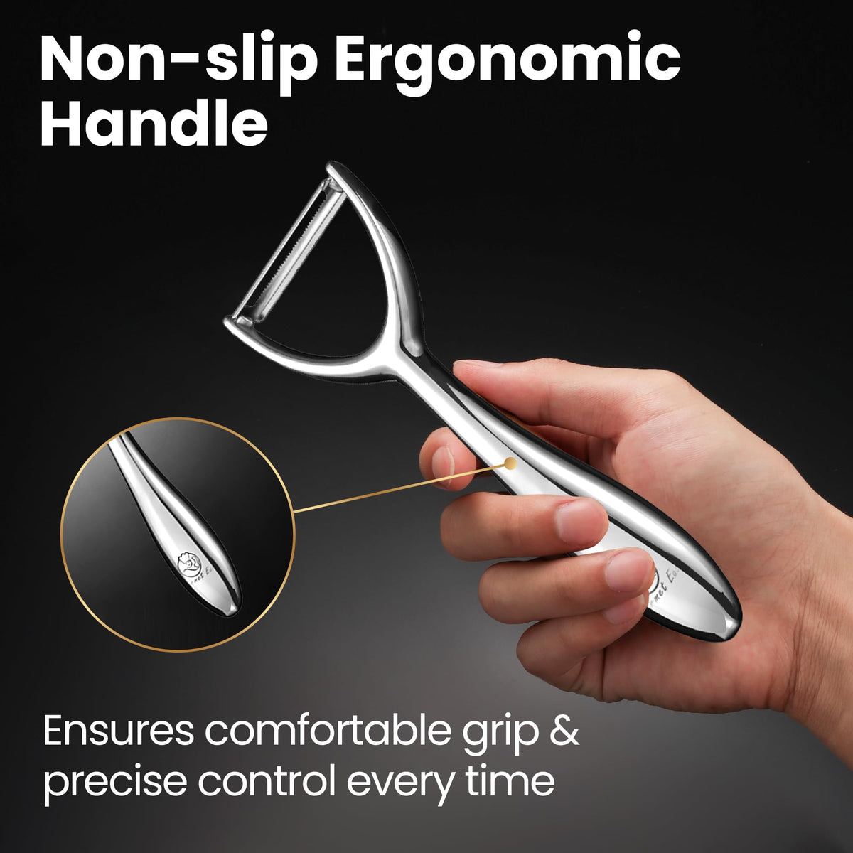 Gourmet Easy peeler demonstrating multifunction skin and slice action on potatoes and apples.
