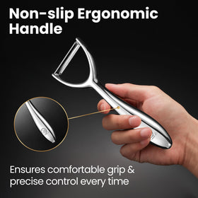 Gourmet Easy peeler demonstrating multifunction skin and slice action on potatoes and apples.